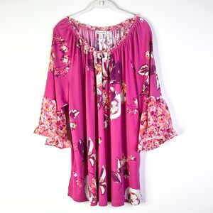 Susan Graver Top Women 1X Plus Pink Floral Tunic Bell Sleeves Peasant Bohemian